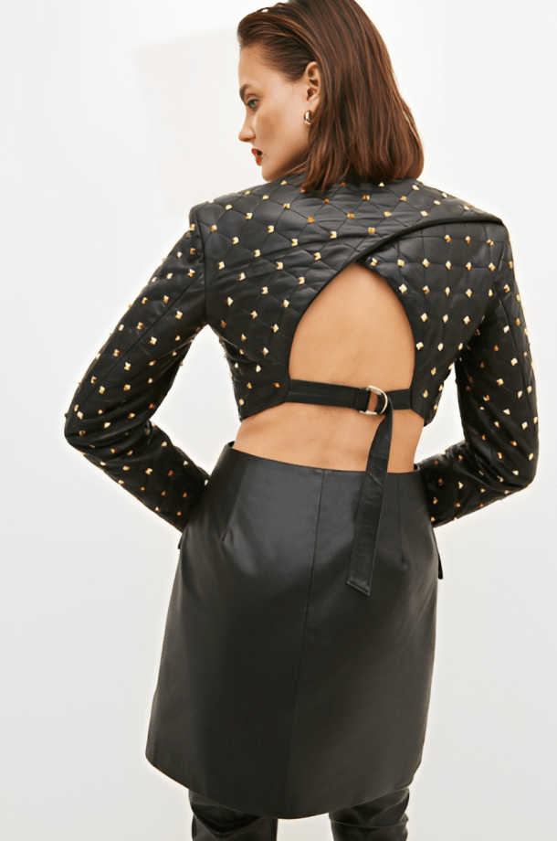 Women's Black Quilted Studded Leather Blazer - Chic and Edgy