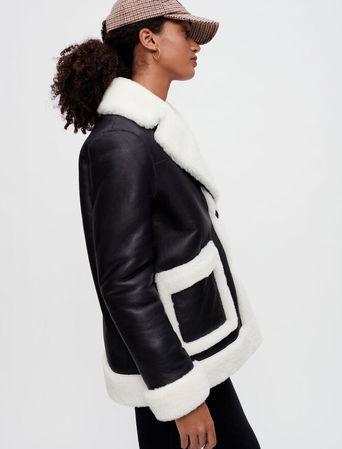 Women's Black Shearling Leather Jacket - Sleek and Warm