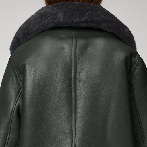 Women's Khaki Sheepskin Bomber Biker Leather Jacket