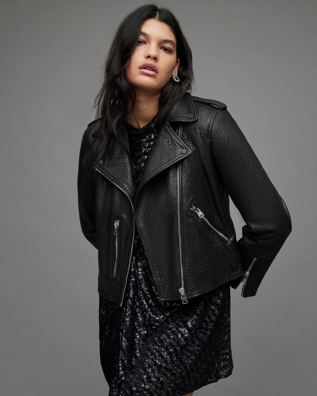 Women's Black Snake Print Leather Biker Jacket