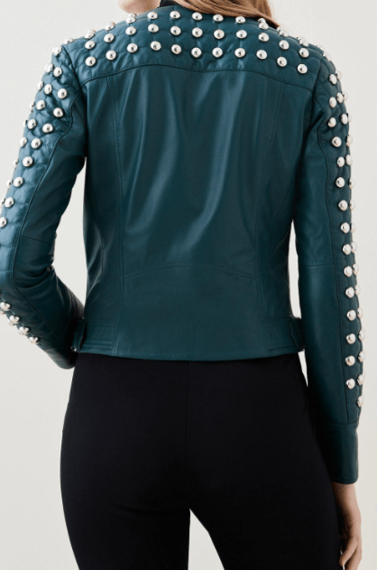 Women’s Quilted Studded Leather Jacket in Jade Green