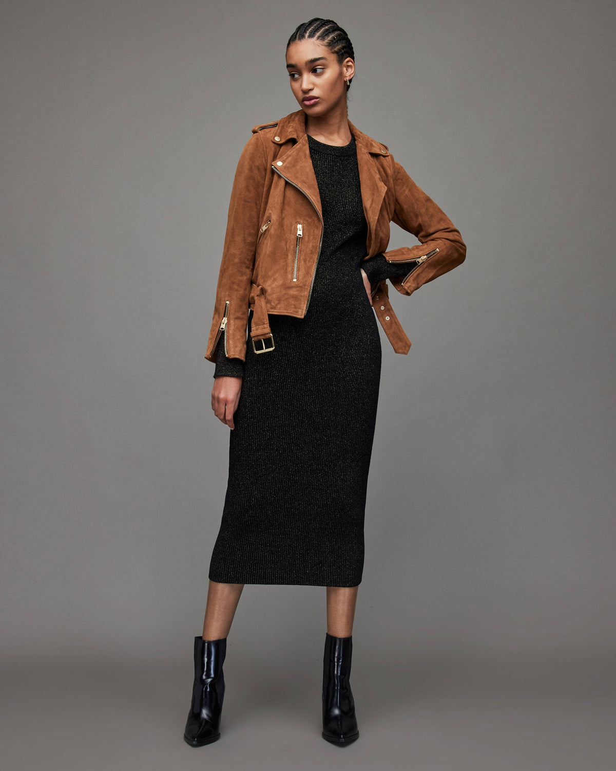 Women's Tan Brown Suede Leather Biker Jacket with Belt – Chic & Versatile