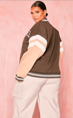 Women's Brown Varsity Bomber Leather Jacket with Pink Sleeves - Stylish and Unique