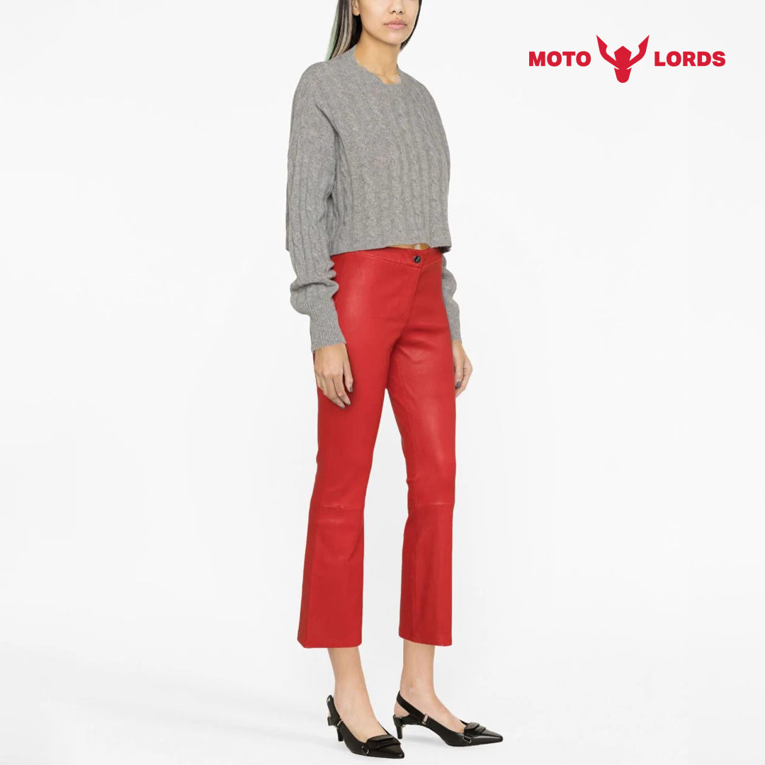 Plus Size High Rise Leather Pants in Red for Women