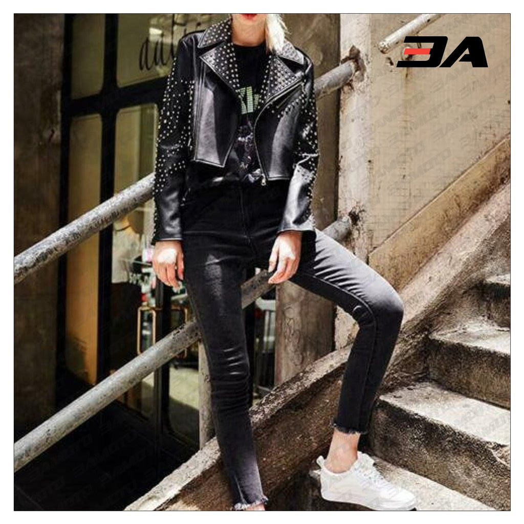 New Handmade Women's Black Fashion Studded Punk Style Leather Jacket