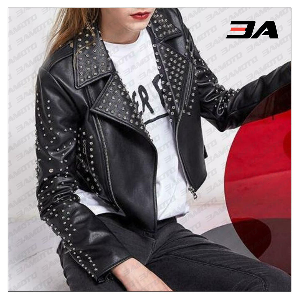 New Handmade Women's Black Fashion Studded Punk Style Leather Jacket