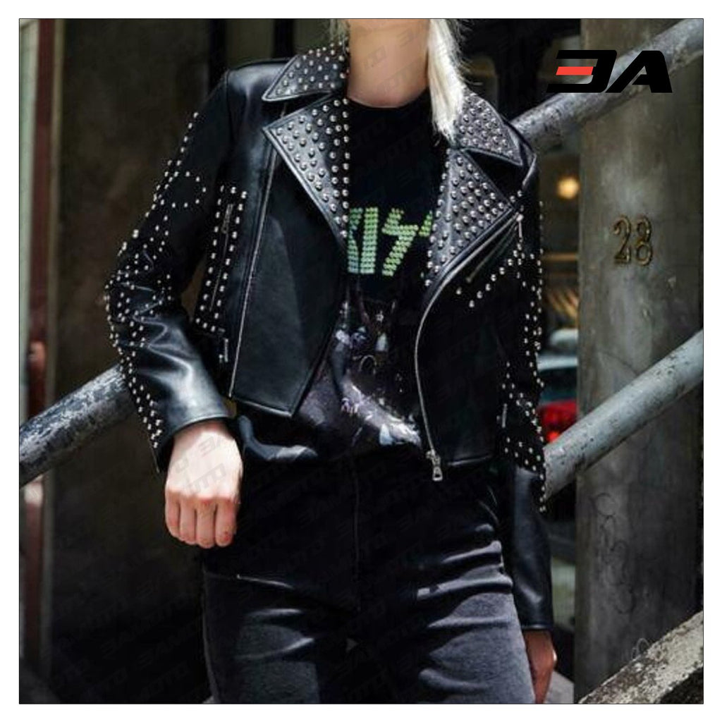 New Handmade Women's Black Fashion Studded Punk Style Leather Jacket