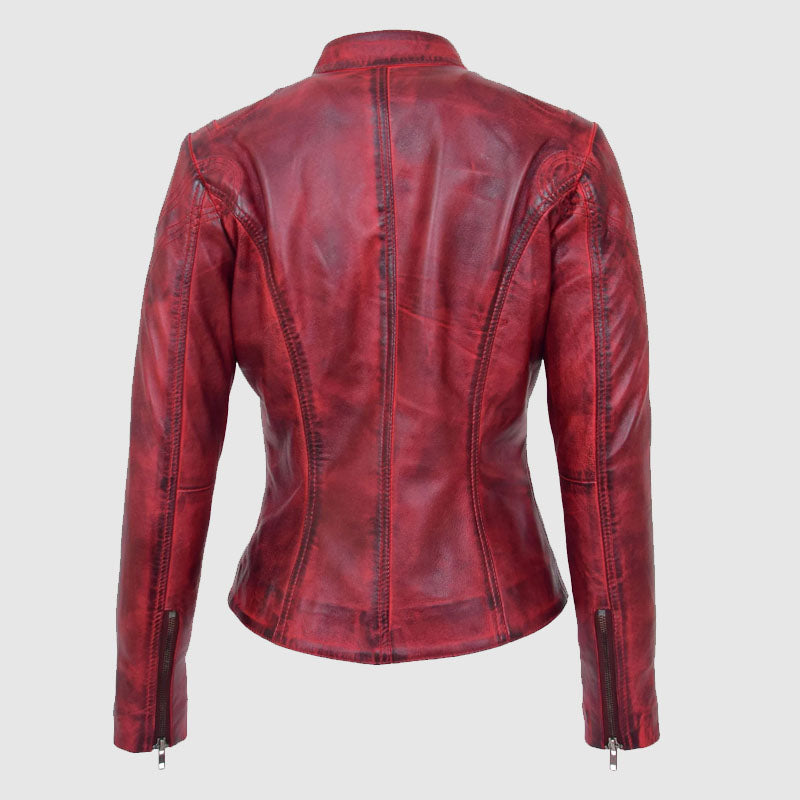 Womens Leather Standing Collar Jacket Becky Burnt Red