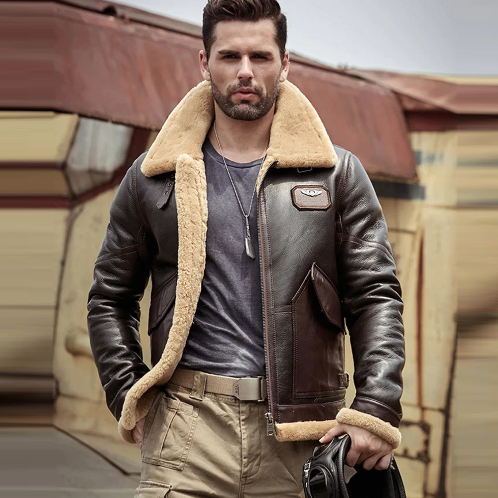 Men's Brown RAF Flight Sheepskin Shearling Leather Jacket Coat