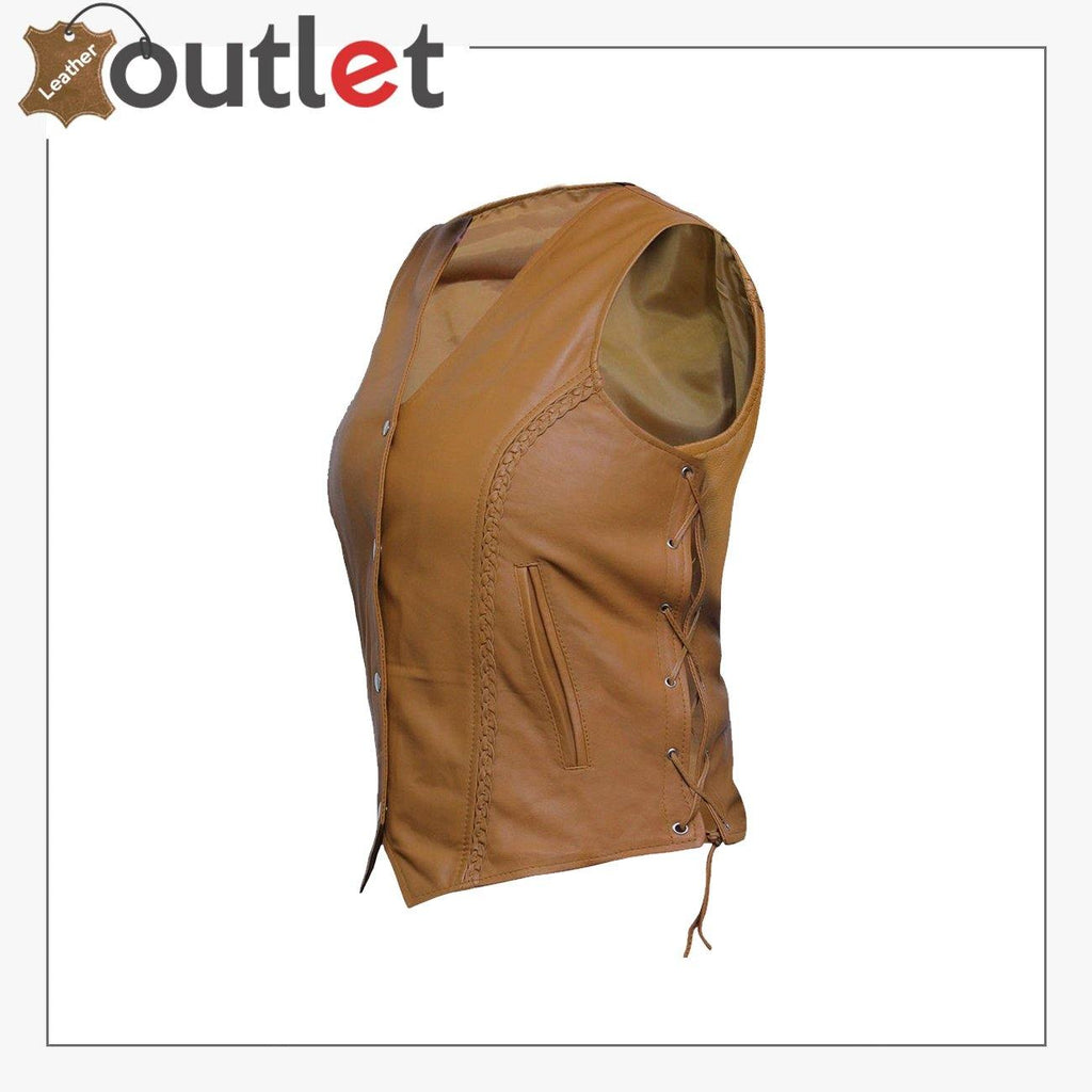 Womens Brown New Motorcycle Biker Soft Leather Vest Waistcoat