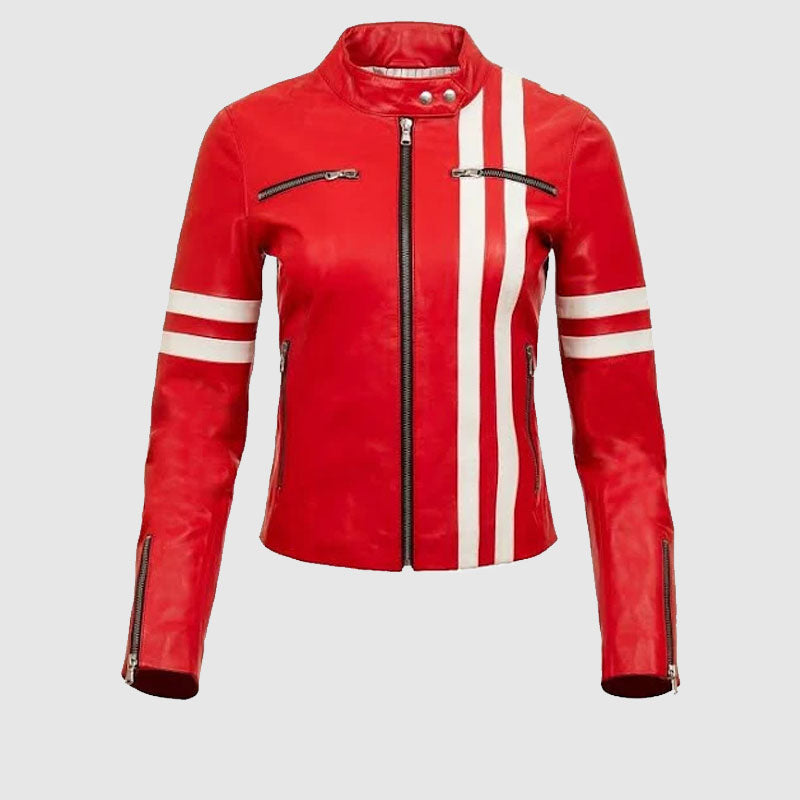 Women's Red Racer Lamb Leather Jacket Coat