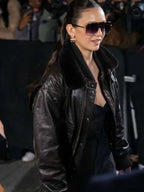 Nina Dobrev Paris Fashion Show 2026 Fur Leather Jacket
