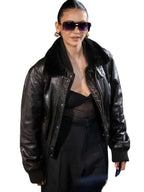 Nina Dobrev Paris Fashion Show 2026 Fur Leather Jacket