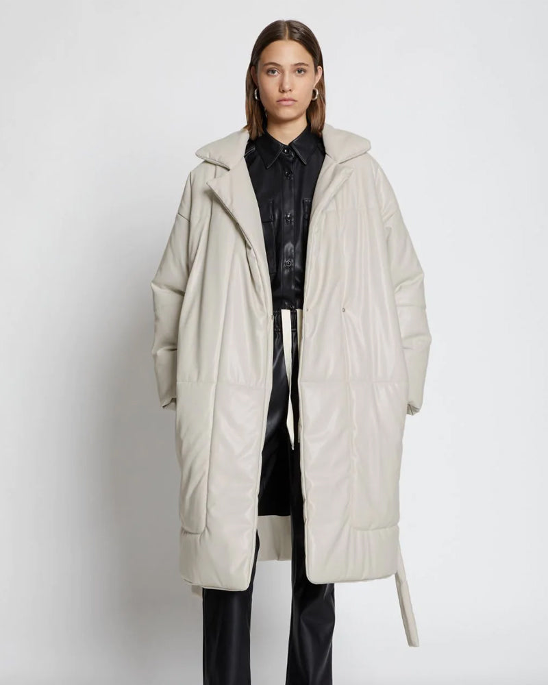 Off White Faux Leather Puffer Trench Coat - Chic & Insulated