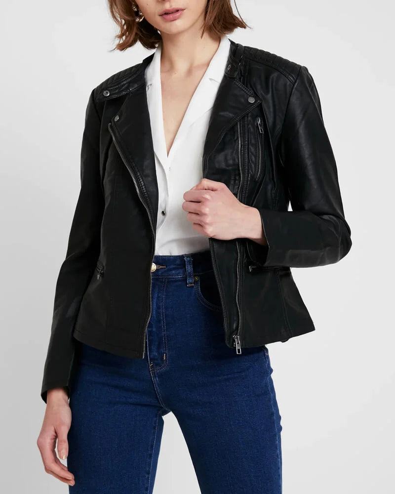 Black Asymmetrical Leather Jacket for Women