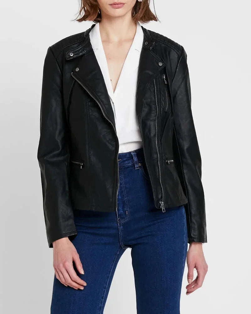 Black Asymmetrical Leather Jacket for Women