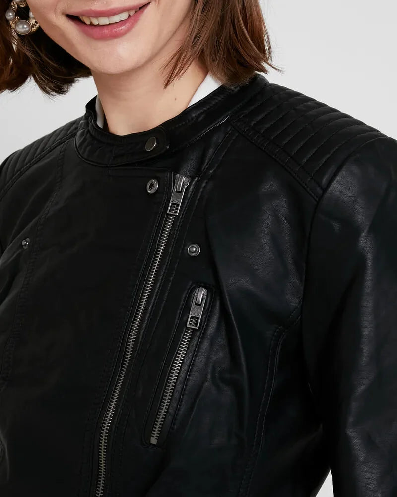 Black Asymmetrical Leather Jacket for Women