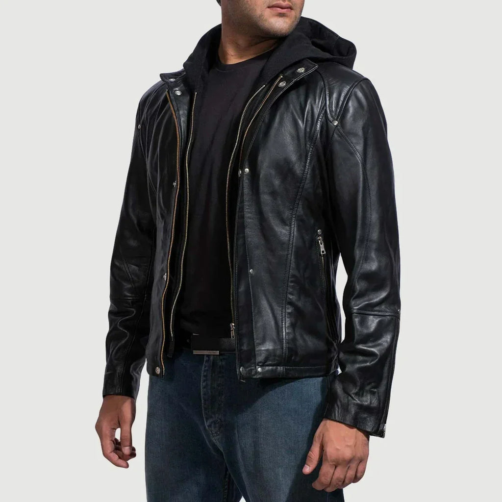 Black Hooded Leather Bomber Jacket for men's