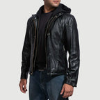 Black Hooded Leather Bomber Jacket for men's