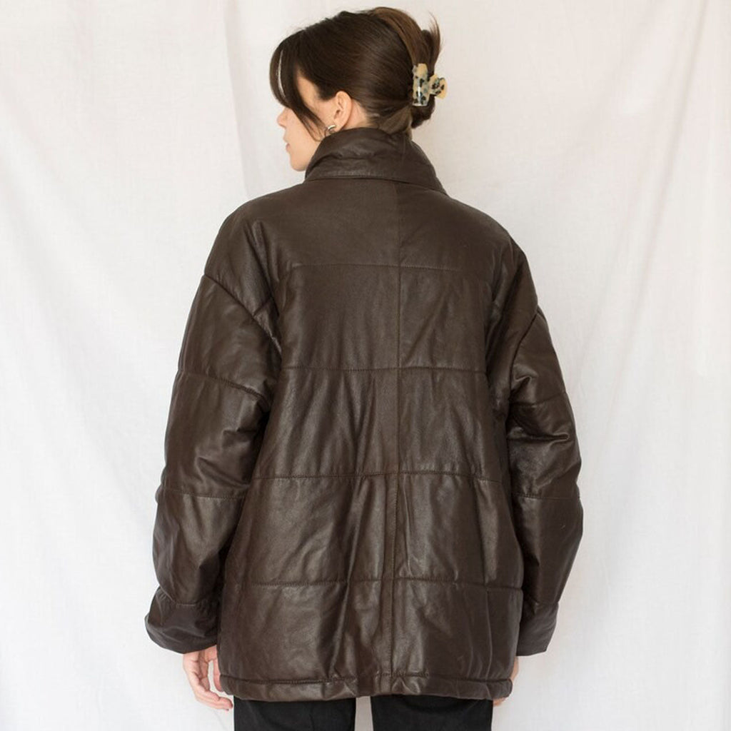 Womens Brown Leather Oversized Puffer Jacket