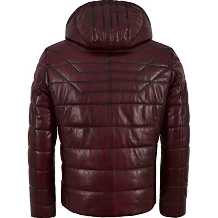 Men’s Quilted Lambskin Leather Puffer Jacket with Hood