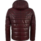 Men’s Quilted Lambskin Leather Puffer Jacket with Hood