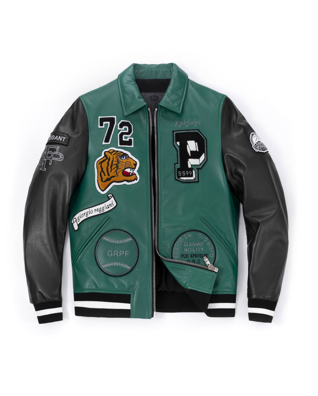 Patched Splicing Genuine Leather Bomber Varsity Jacket