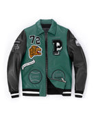 Patched Splicing Genuine Leather Bomber Varsity Jacket