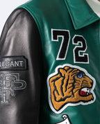 Patched Splicing Genuine Leather Bomber Varsity Jacket