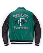 Patched Splicing Genuine Leather Bomber Varsity Jacket