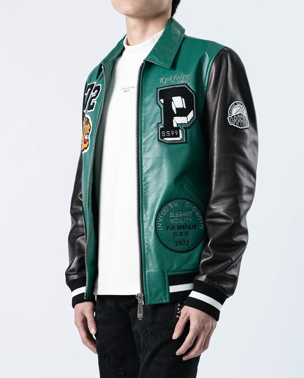 Patched Splicing Genuine Leather Bomber Varsity Jacket