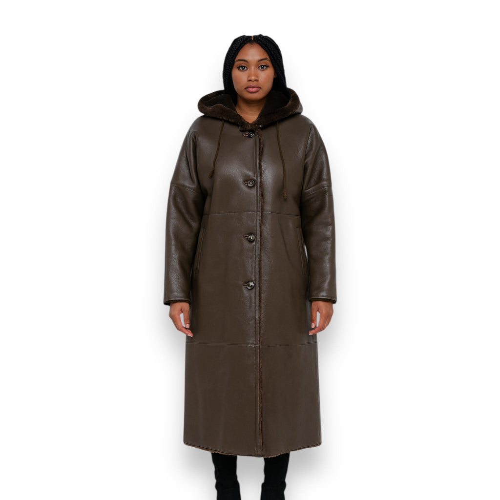 Brown Long Shearling Coat with Hood and Collar