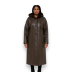 Brown Long Shearling Coat with Hood and Collar