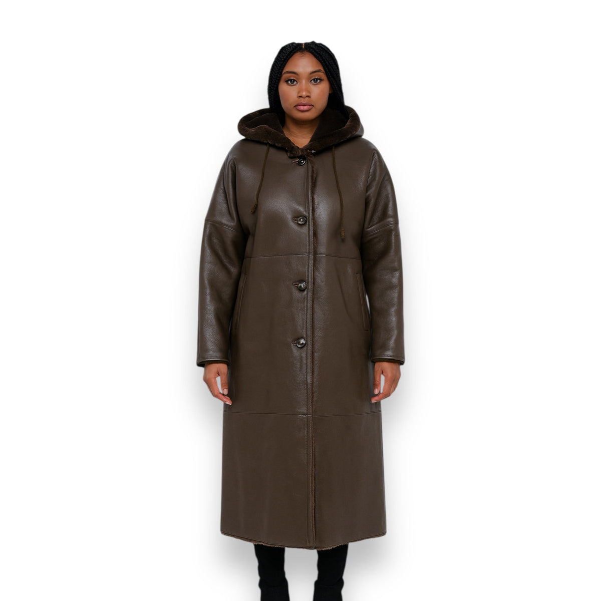 Brown Long Shearling Coat with Hood and Collar