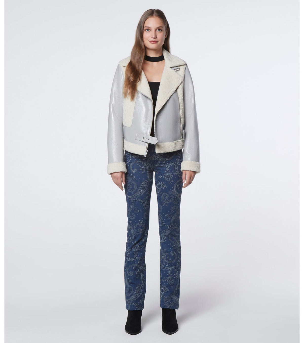 Women's Pearl Blue Shearling Leather Biker Jacket