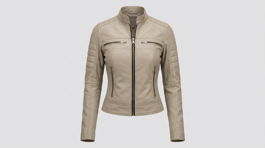 Decrum Beige Cafe Racer Leather Jacket – Slim Fit Biker