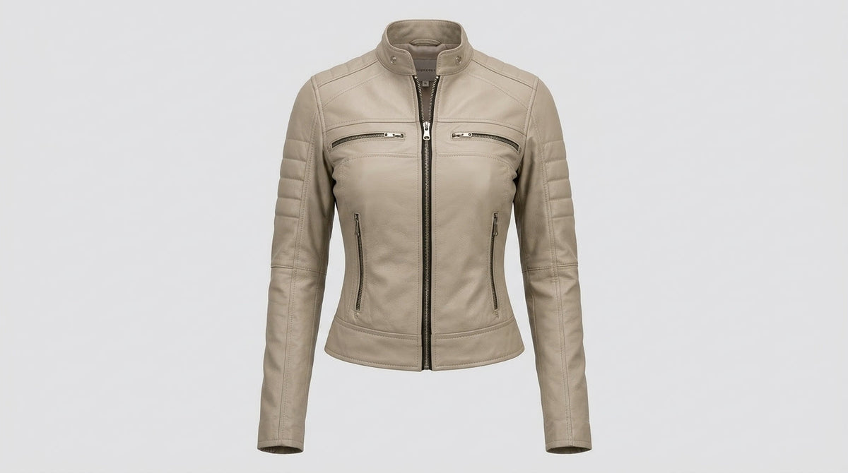 Decrum Beige Cafe Racer Leather Jacket – Slim Fit Biker