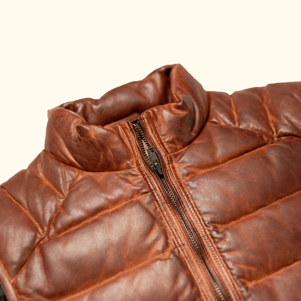 Brown Leather Puffer Vest for men's
