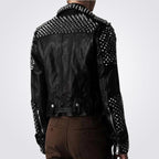 Punk Men's Genuine Leather Jacket with Silver Spikes