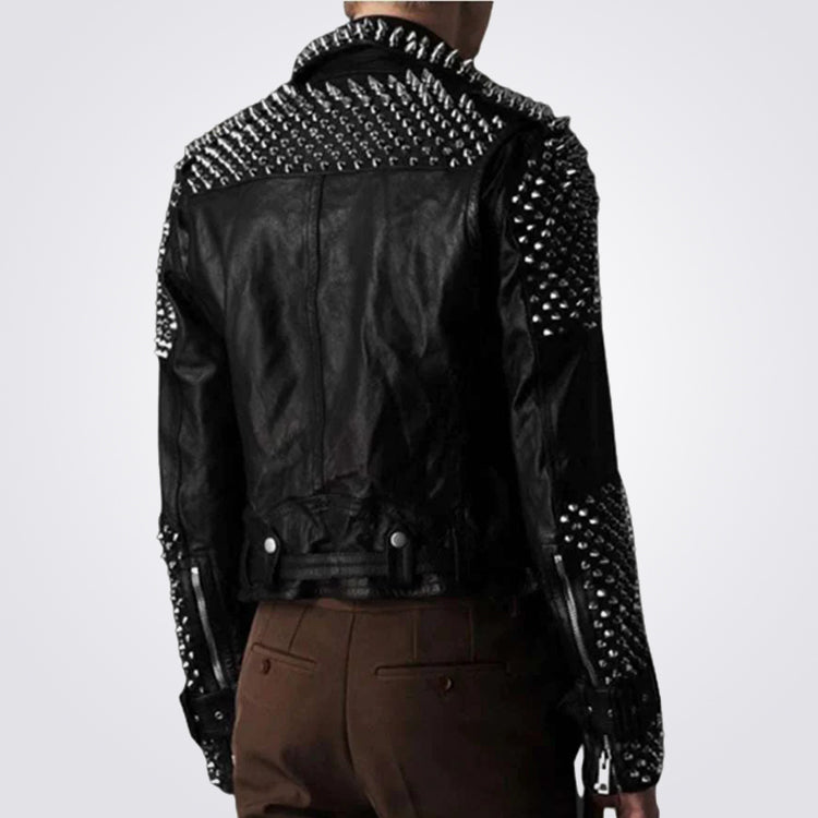 Punk Men's Genuine Leather Jacket with Silver Spikes
