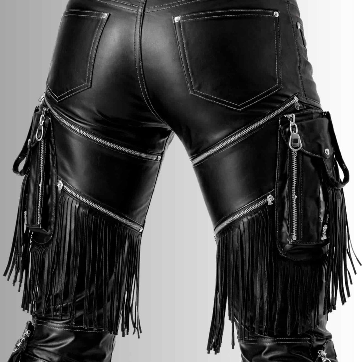 Pure Leather Fringe Pants Men's Black Biker Leather Trousers