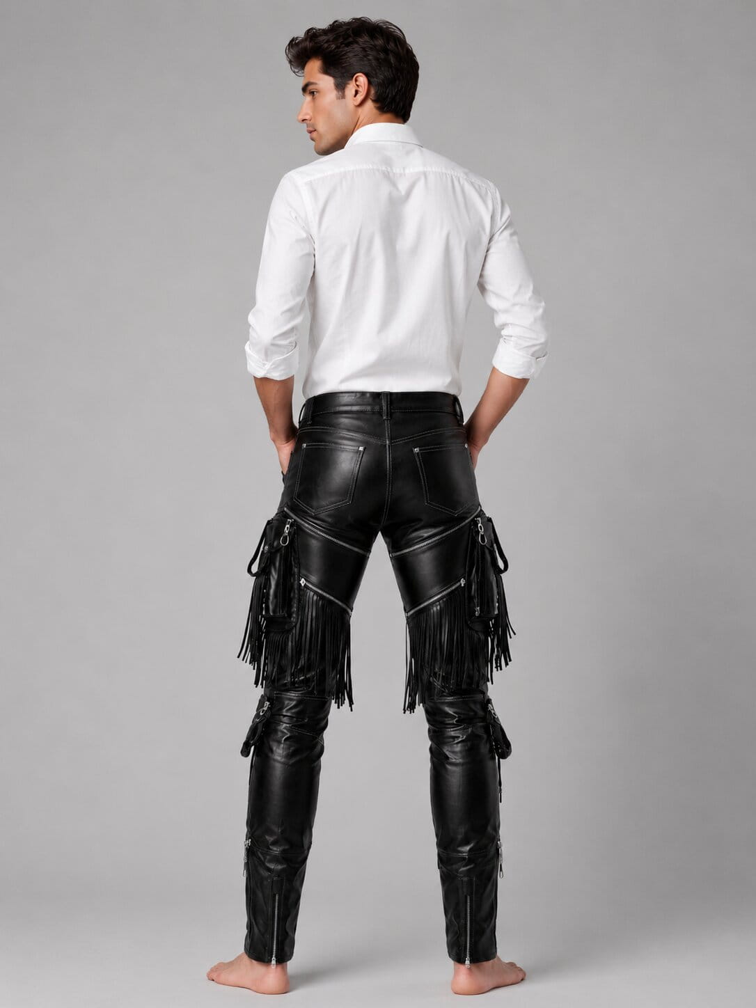 Pure Leather Fringe Pants Men's Black Biker Leather Trousers