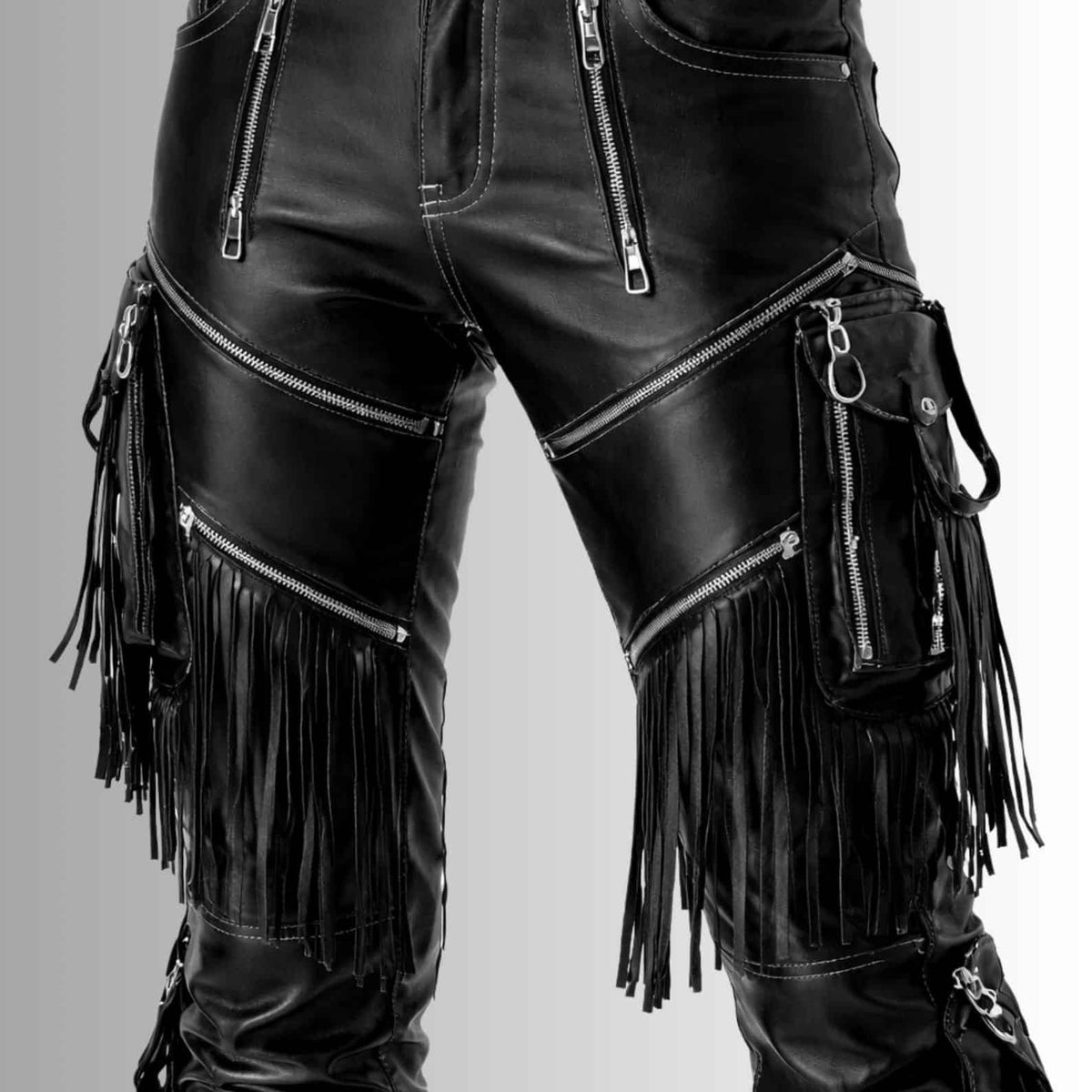 Pure Leather Fringe Pants Men's Black Biker Leather Trousers