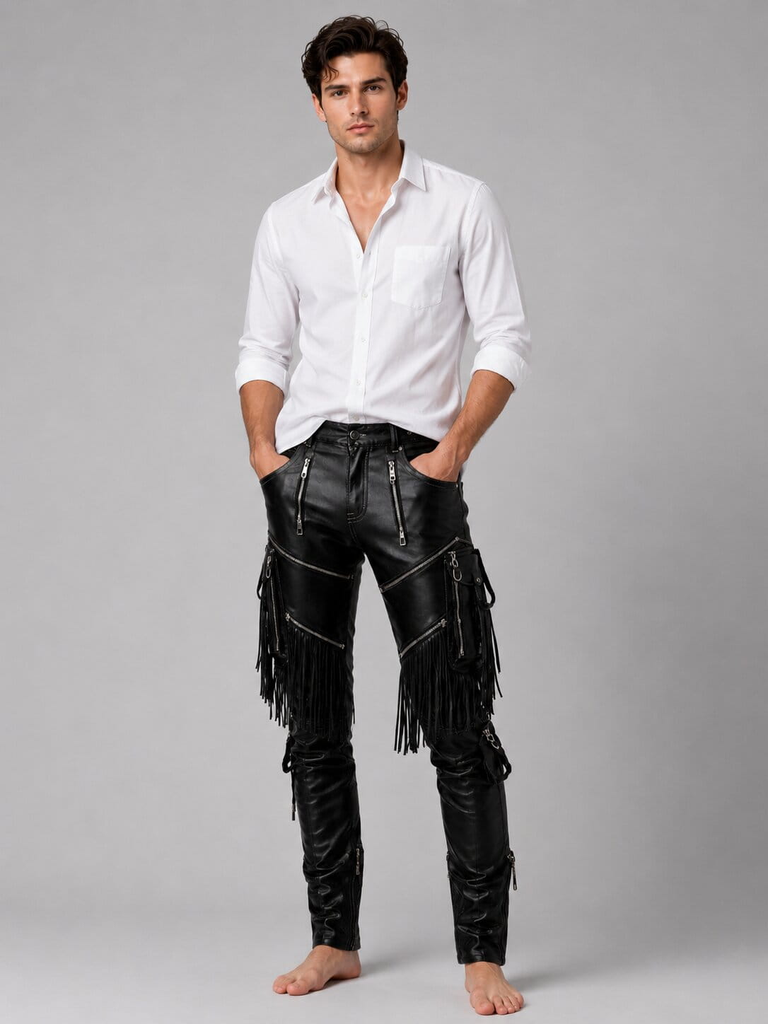 Pure Leather Fringe Pants Men's Black Biker Leather Trousers
