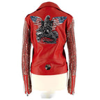 New Women's Red Studded Fashion Motorcycle Leather Biker Jacket