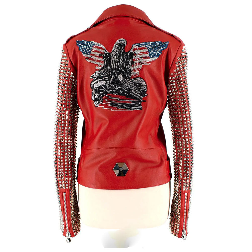 New Women's Red Studded Fashion Motorcycle Leather Biker Jacket