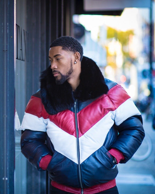 Men V Bomber Jacket- Multi Color Red/White/Blue