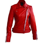 Leather Skin Women Red Brando White Zippers Genuine Leather Jacket