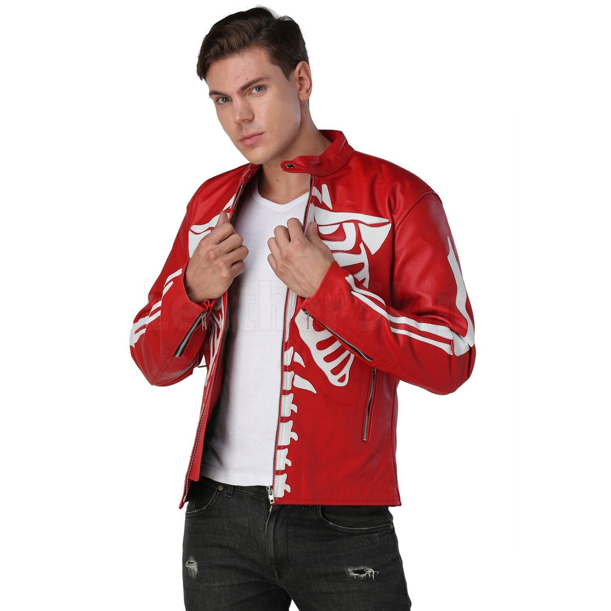 Red Motorcycle Leather Jacket with white skeleton