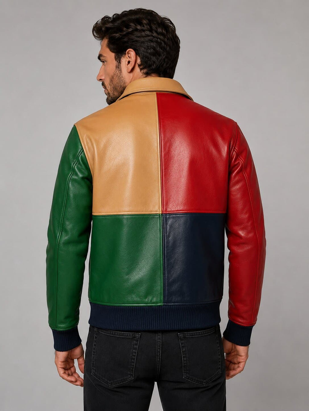 Men Multicolor Genuine Goat Leather Bomber Jacket With Colorblock Patchwork Style